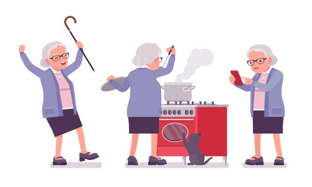 alte frau, ältere person kochen lebensmittel, mit handy - oma kocht stock-grafiken, -clipart, -cartoons und -symbole