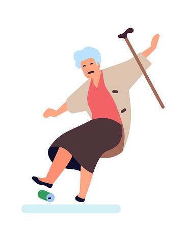 Old woman falling down. Senior stumble over trash and loosing balance