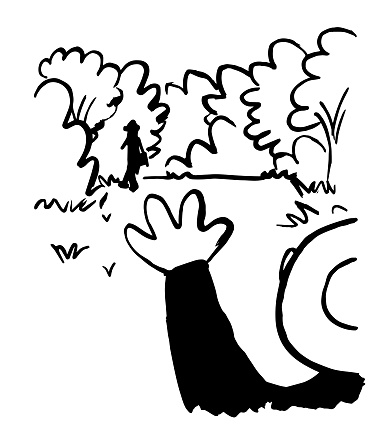 Old woman waving hand saying goodbye to a person walking in the distance. Black and white inked strokes hand drawn style vector illustration.