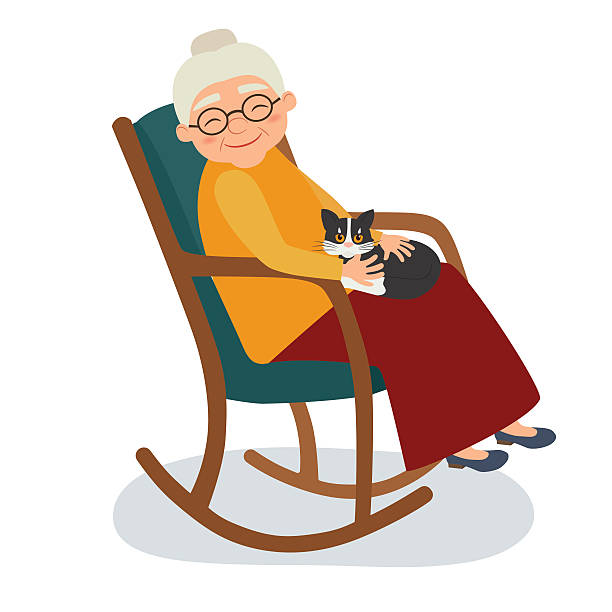 Old woman with cat in her rocking chair Old woman with cat in her rocking chair. Vector illustration cartoon of a wrinkled old lady stock illustrations