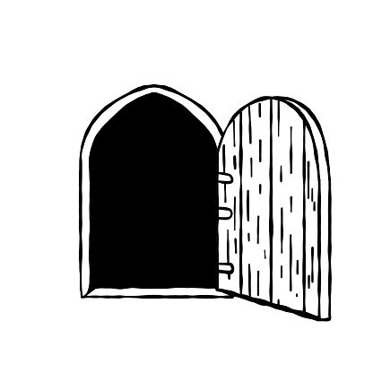Old wooden door of castle. Ancient entrance to fortress or house. Cartoon scenery. Gate to dungeon. Door with arch and doorway. Hand drawn outline illustration
