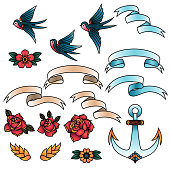 Oldschool Traditional Tattoo Vector illustration. Traditional stylized tattoo swallows, roses, ribbons, anchor and flowers