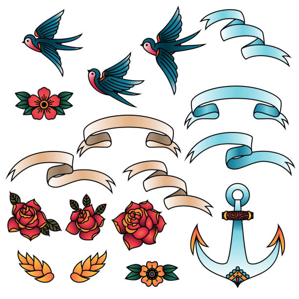 Oldschool Traditional Tattoo Vector Elements. Birds, flowers, ribbons. Oldschool Traditional Tattoo Vector illustration. Traditional stylized tattoo swallows, roses, ribbons, anchor and flowers tattoo stock illustrations