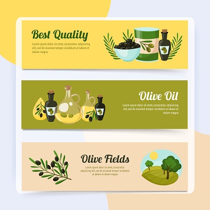 Olive horizontal banners set with quality oil fields elements isolated vector