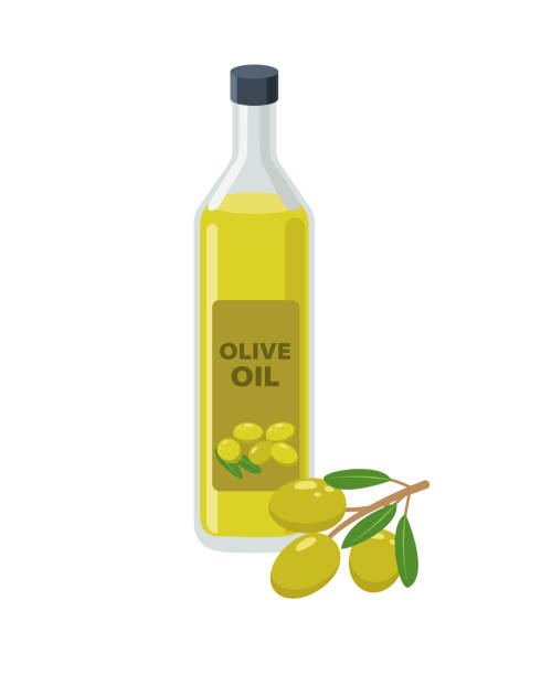 Olive oil bottle and olives on branch in flat design vector illustration isolated on white background. Olive oil icon. Olive oil bottle and olives on branch in flat design vector illustration isolated on white background. Olive oil icon olive oil stock illustrations