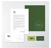 Stationery design for an olive oil company. Letterhead, folder, envelope and business card with logo. All design elements are layered and grouped. Eps10, contains transparent objects.