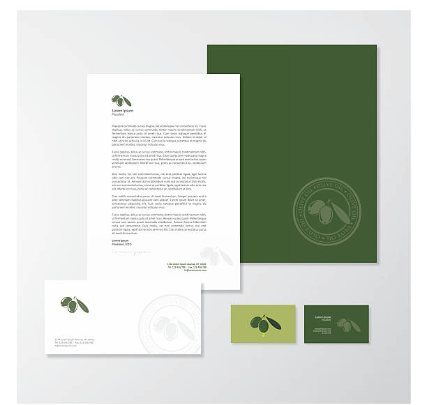 Olive oil company branding design Stationery design for an olive oil company. Letterhead, folder, envelope and business card with logo. All design elements are layered and grouped. Eps10, contains transparent objects. business cards and stationery stock illustrations