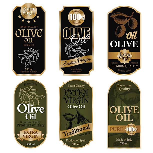 ilustrações de stock, clip art, desenhos animados e ícones de olive oil labels on white background - emblem food label