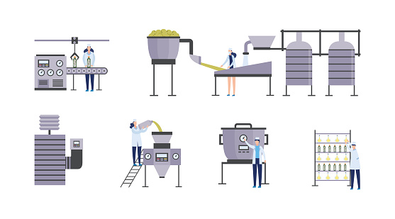 Olive oil production equipment set and cartoon food factory workers