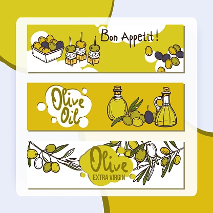 Olive vegetable and oil hand drawn horizontal banners set isolated vector