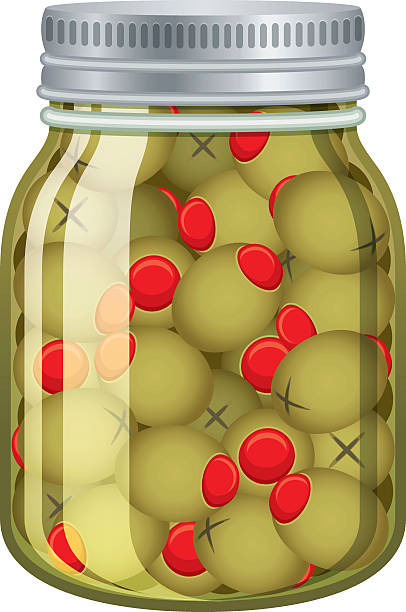 Olives in glass jar isolated on white A vector illustration of pickled vegetables in a glass jar with a metal lid. Download includes an AI10 EPS vector file, with shapes grouped and organized into layers, as well as a high resolution RGB JPEG. green olives jar stock illustrations