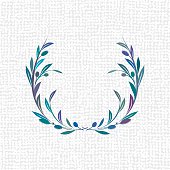 Delicate wreath filled with olive branches and leaves. Spotted pattern background.