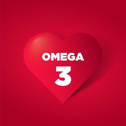 Omega 3 Written Red Heart Shape on Red Background stock illustration