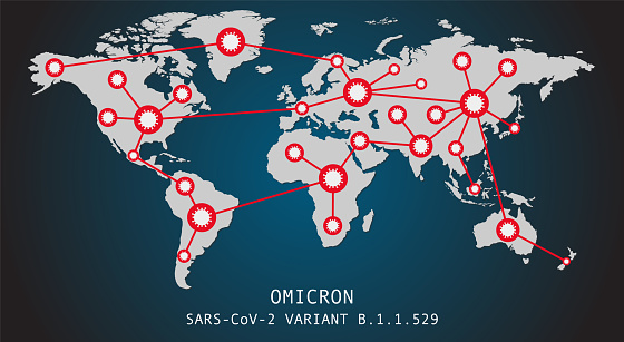Omicron Covid-19 coronavirus variant pandemic spread around the world map. Flat design Illustrations