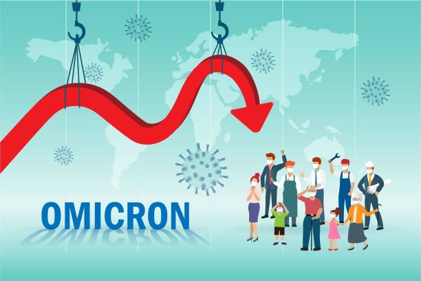omicron, covid19 코로나바이러스 효과의 새로운 변종은 세계 경제 위기에 영향을 미칩니다. 다양성 사람들은 모두 연령과 직업이 경제와 실업률의 그래프 하락에 대해 걱정하고 있습니다. - omicron stock illustrations