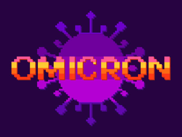 омикрон пиксельный текст на фоне вирусных клеток в 8-х и 90-х годах видеоигры 8-битного стиля. дизайн для баннеров, рекламных материалов и прин - omikron stock illustrations