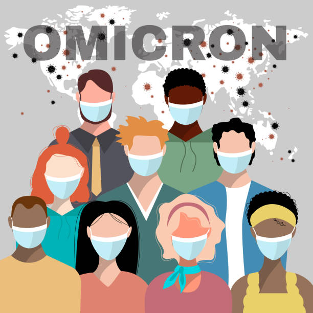 illustrations, cliparts, dessins animés et icônes de omicron variante b.1.1.529 de covid-19. des personnes de différentes nationalités portent des masques médicaux sur fond de carte du monde et de bactéries à coronavirus - omicron