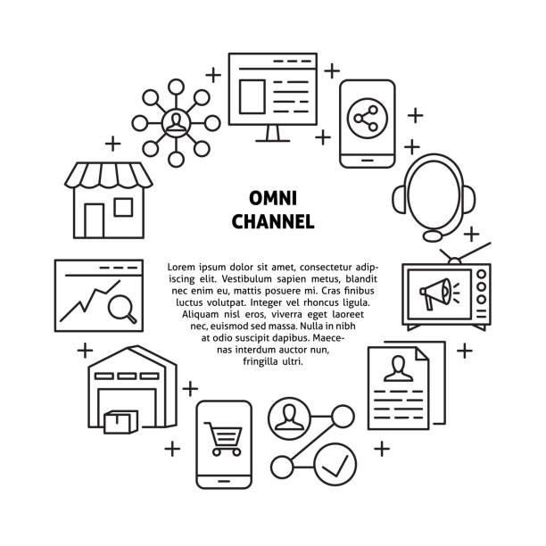 Omni channel banner with round frame in line style Omni channel banner with round frame in line style. Vector illustration. marketing silhouettes stock illustrations