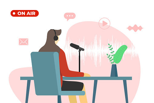On air live podcast or broadcast concept. Radio news vector illustration. Woman DJ in headset with microphone at studio. Female journalist working