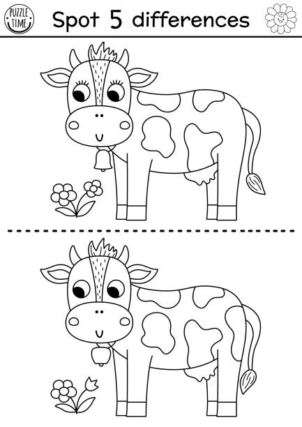 On the farm black and white find differences game for children. Educational line activity with cute cow and flower. Rural country puzzle with funny farm animal. Attention skills coloring page On the farm black and white find differences game for children. Educational line activity with cute cow and flower. Rural country puzzle with funny farm animal. Attention skills coloring page printable cow stock illustrations