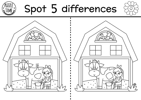 On the farm black and white find differences game for children. Educational line activity with cute barn house with girl milking cow. Rural country puzzle with funny shed. Attention skills coloring page