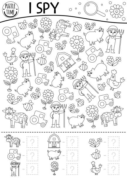 On the farm black and white I spy game for kids. Searching and counting line activity with farmer, tractor, barn, cow. Rural village printable coloring page. Simple country farm puzzle On the farm black and white I spy game for kids. Searching and counting line activity with farmer, tractor, barn, cow. Rural village printable coloring page. Simple country farm puzzle printable cow stock illustrations