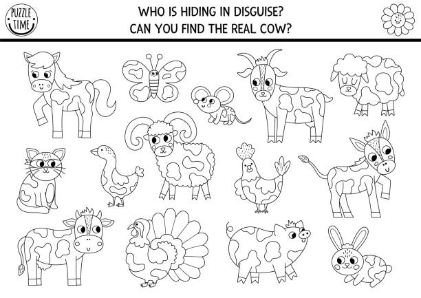 On the farm hide and seek game. Black and white farm matching activity for kids. Seek and find coloring page. Simple printable line game with cute animals. Who is hiding in disguise. Find the real cow On the farm hide and seek game. Black and white farm matching activity for kids. Seek and find coloring page. Simple printable line game with cute animals. Who is hiding in disguise. Find the real cow printable cow stock illustrations
