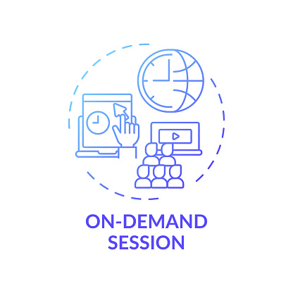On-demand session concept icon. VE content idea thin line illustration. Hosting global audience. Supplemental materials. Delivering and receiving content. Vector isolated outline RGB color drawing