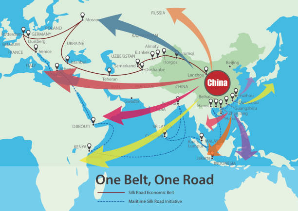 One Belt, One Road, Chinese strategic investment in the 21st century map One Belt, One Road, Chinese strategic investment in the future map, vector silk road stock illustrations