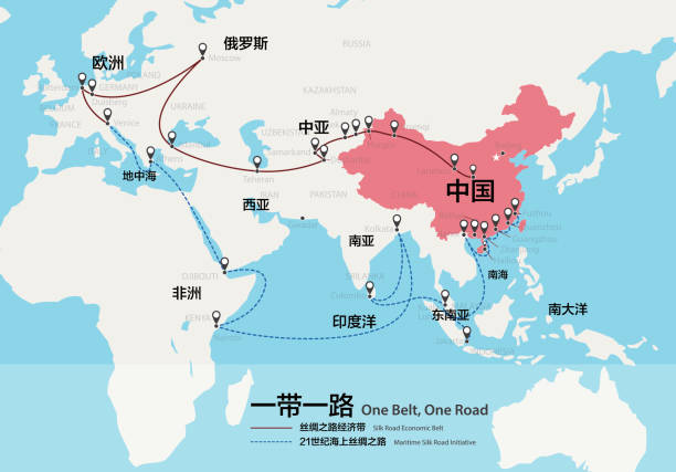 One Belt, One Road, Chinese strategic investment in the 21st century map One Belt, One Road, Chinese strategic investment in the 21st century map. 
Chinese words on the map are the name such like china, one belt one road, Europe，Africa, Asia, and so on. silk road stock illustrations