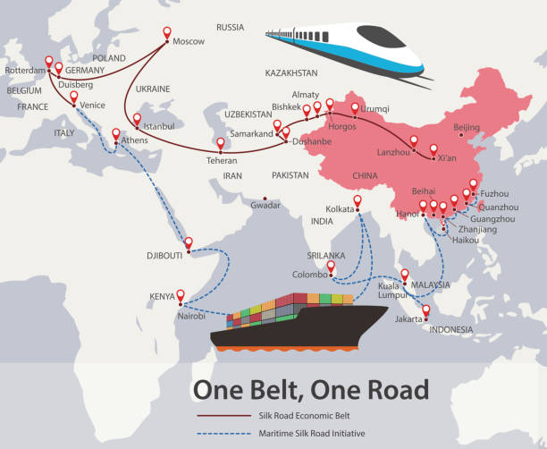 One Belt, One Road, Chinese strategic investment in the 21st century map. One Belt, One Road, Chinese strategic investment in the 21st century map. silk road stock illustrations