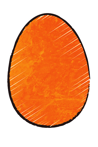 One bright grunge effect vibrant orange coloured oval shaped egg with black outline and smudges and stroking fill over blank empty vector illustration isolated white backgrounds