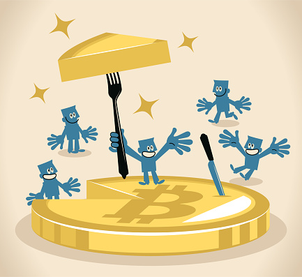 One businessman inserting a fork into a slice of money cake (Bitcoin Cryptocurrency) and sharing it