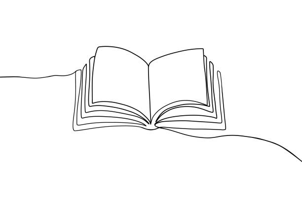 одна непрерывная линия книжного рисунка. современный контур каракуля, открытая книга, нарисованные от руки летающие страницы. векторная ил - books stock illustrations