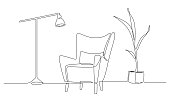 istock One continuous Line drawing of armchair and lamp and potted plant. Stylish furniture for living room interior in simple linear style. Editable stroke Vector illustration 1325366515