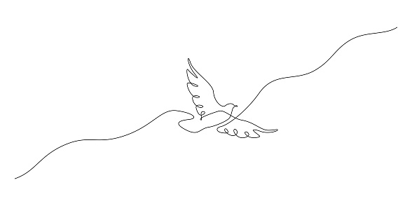 One continuous line drawing of flying up dove. Bird symbol of peace and freedom in simple linear style. Mascot concept for national labor movement icon isolated on white. Doodle vector illustration.