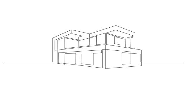 One continuous line drawing of modern house with minimalist architecture. Fashionable two story villa in doodle linear style isolated on white background. Vector illustration One continuous line drawing of modern house with minimalist architecture. Fashionable two story villa in doodle linear style isolated on white background. Vector illustration. futuristic clipart stock illustrations