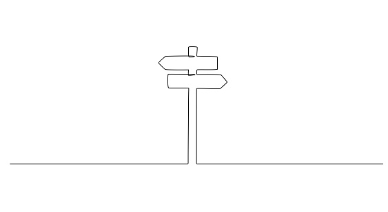 One Continuous line drawing of Road direction signpost arrows to the right and left isolated on white. Pointer symbol in doodle style. Vector illustration for web banner, design template, postcard.