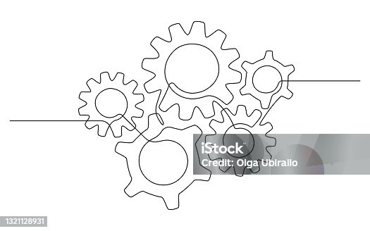 istock One continuous line illustration of different gears wheels. Five cogwheels in simple lineart style. Editable stroke. Creative concept of business teamwork, development, innovation, process. Vector 1321128931