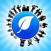 One Leaf Lifecycle Stages of Life Backgroundon circle button. Icons of life from conception to old surround the large shiny round button in the center of this 100 percent royalty free vector illustration. The button is placed against a blue tar burst background. The illustration shows speaks to the "life is short" idea.