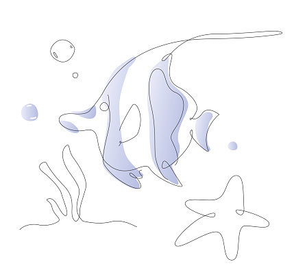 one line aquarium fish. ocean life moorish idol. outline sea fishes. cute poster illustrations