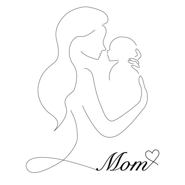 One line art illustration with mom and baby, happy mothers day greeting card on white background. Woman hold her newborn baby. Vector illustration One line art illustration with mom and baby, happy mothers day greeting card on white background. Woman hold her newborn baby. Vector illustration pregnant drawings stock illustrations