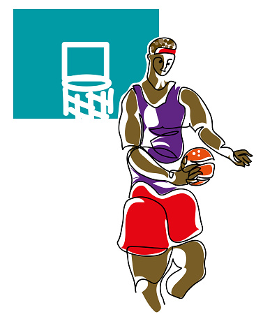 One continuous line drawing of African American basketball player vector