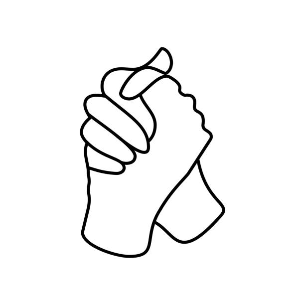 One line drawing of two gripping hand each other celebrate their success and achievement to deal big project. Single line drawing of business concept. Vector illustration graphic on white background One line drawing of two gripping hand each other celebrate their success and achievement to deal big project. Single line drawing of business concept. Vector illustration graphic on white background. one man only stock illustrations