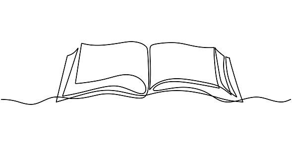 One line drawing, open book. Vector object illustration, minimalism hand drawn sketch design. Concept of study and knowledge.