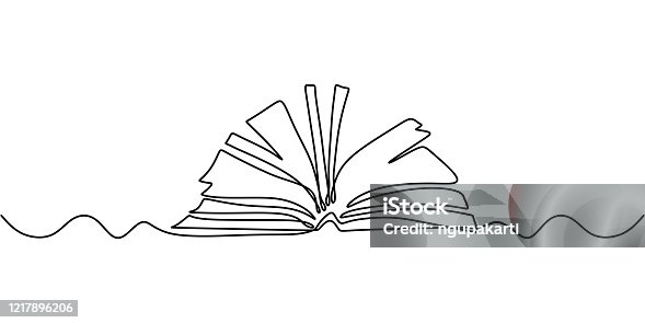 istock One line drawing, open book. Vector object illustration, minimalism hand drawn sketch design. Concept of study and knowledge. 1217896206