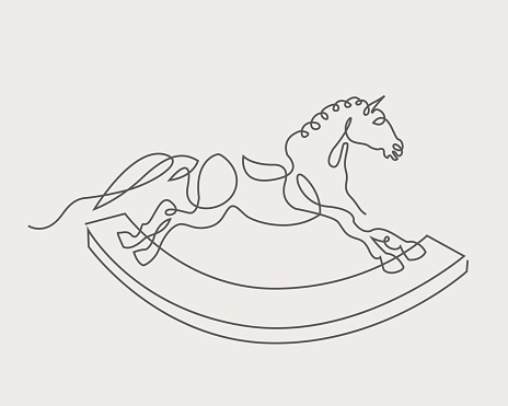 One line drawing rocking horse. Line drawing Horse toy outline. One black line doodle hobbyhorse.