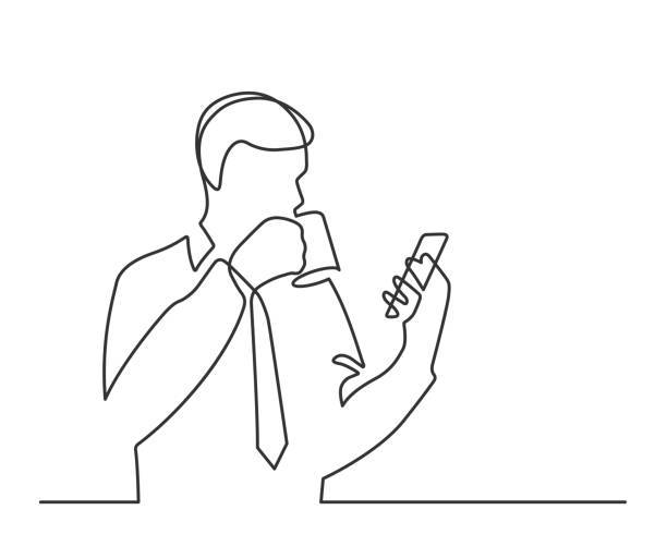one line man coffee Man with a cup of coffee reads smartphone - continuous line drawing. Vector illustration businessman drawings stock illustrations