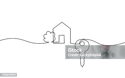 istock One line seller house door keys. Building quarter residential complex. Hand drawn sketch continuous line. Sell own family customer life business concept vector illustration 1318639859