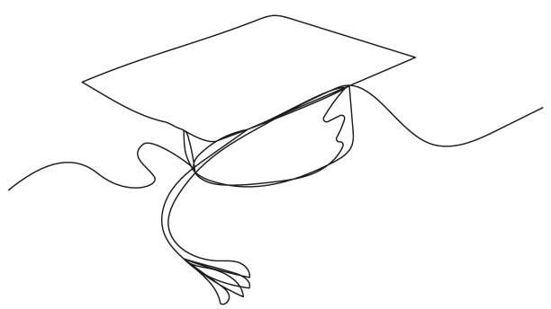 One line student cap on white background One line student cap on white background. Vector illustration of the sign of a graduate and a specialist in their profession. Image for presentations, banners, brochures, educational groups. graduation drawings stock illustrations